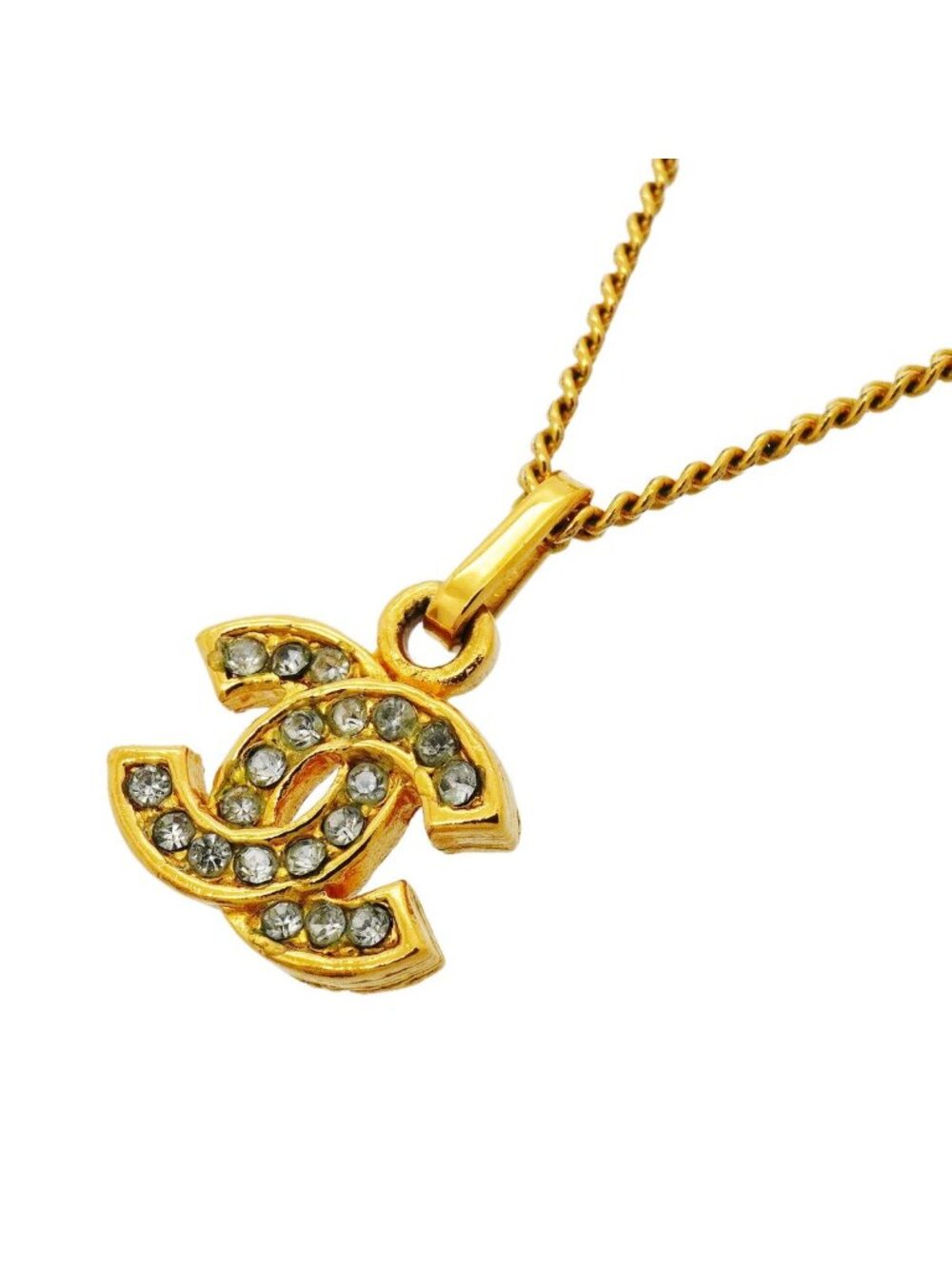 Chanel Necklace Vintage CC Logo Gold Plated Rhinestone
